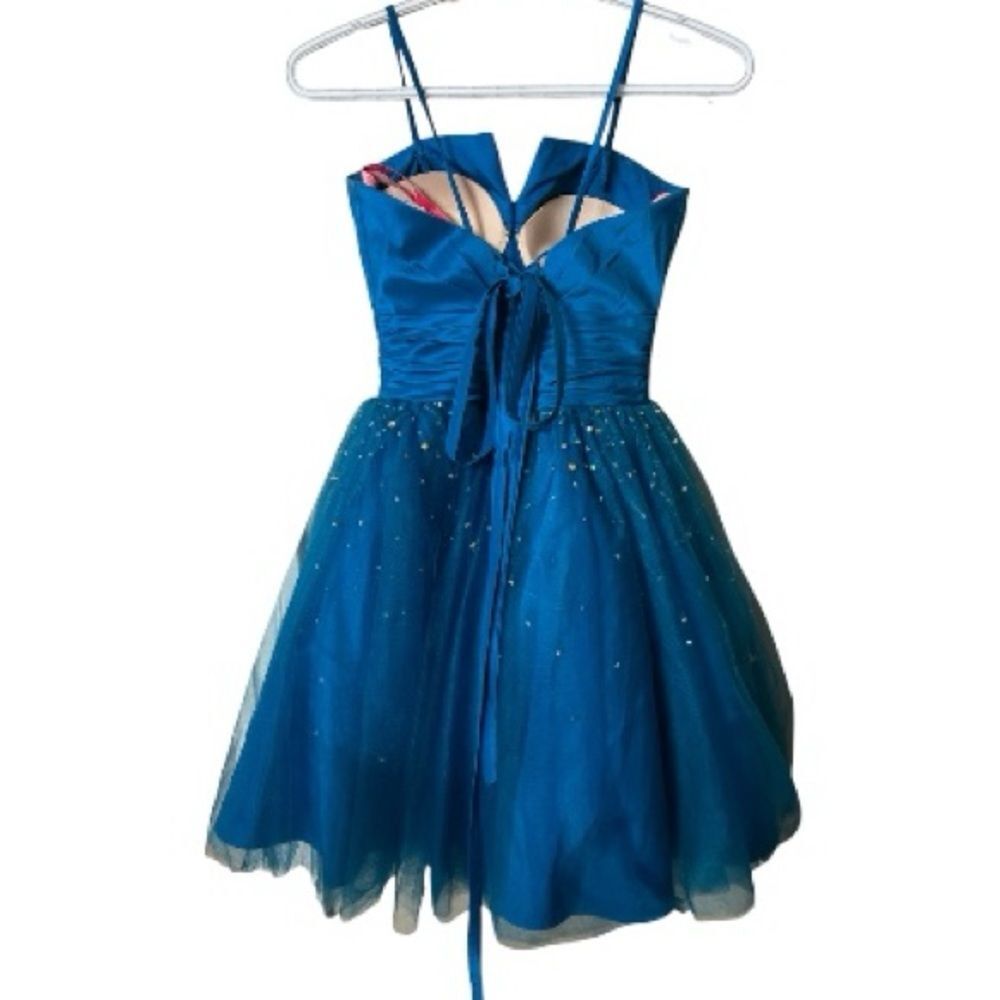 Maggie Sottero Teal Blue Tulle Party Dress with Floral Waist - Picture 2 of 10